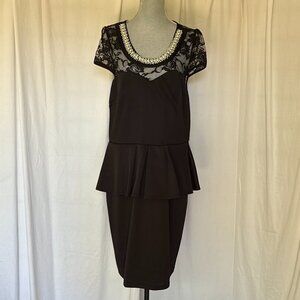 Jeannett Plus Black Peplum Dress 3x, Cap Sleeves, Lace Top pearl beaded Dress